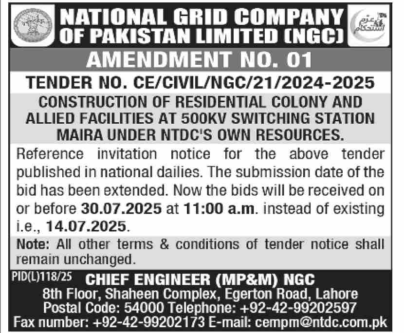 National Grid Company of Pakistan Limited Lahore Tender Notice